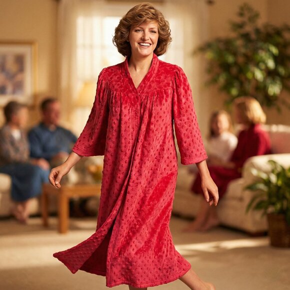 Grandma Other - Vintage Womens L Maxi Robe Pink Textured Duster Snap Front Cottagecore Cozy